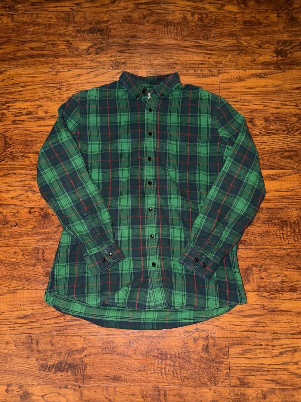 L.L. Bean Green Plaid Flannel Shirt Size L-Tall Cotton Button Down